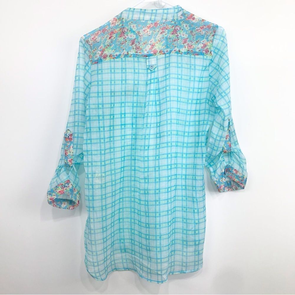 Truth Plaid Floral Teal Semi Sheer Button Down Cottagecore Blouse - Picture 4 of 13